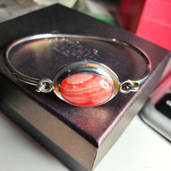 Vintage Sterling Silver & Pink Rhdochrosite Bangle